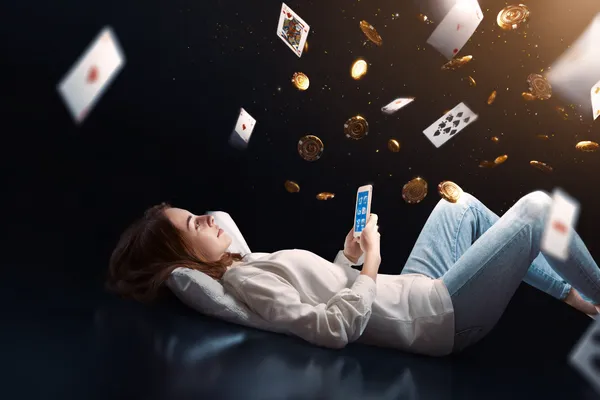 1111DB App — Enjoy seamless gaming on your smartphone A young woman relaxing with her phone while dynamic casino elements float around her, illustrating the smooth mobile experience offered by the 1111DB app.