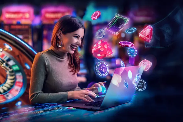1111DB Games — Explore our rich library of casino classics A woman smiling while playing online games on her laptop, surrounded by neon casino elements, showcasing 1111DB’s diverse game collection.