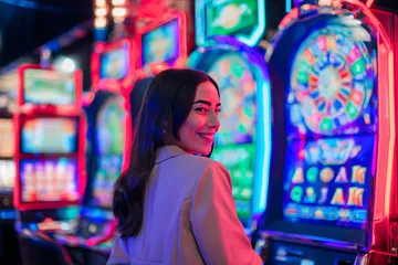 1111DB Slots — Thousands of thrilling machines await A woman smiling by bright slot machines showing lucky symbols, showcasing the exciting slot offerings at 1111DB.