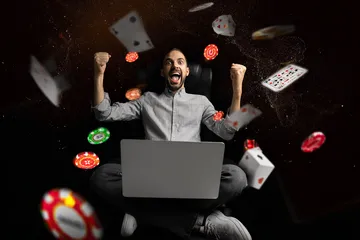 A woman smiling by bright slot machines showing lucky symbols, showcasing the exciting slot offerings at 1111DB.